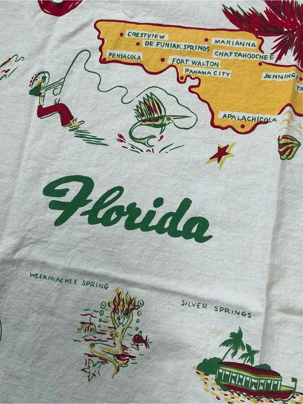 Vintage 1950s/60s Florida Souvenir Map Novelty Print MCM Cotton Tablecloth USA